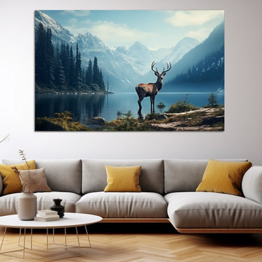 Tableau Montagne Lac Cerf Et Forêt